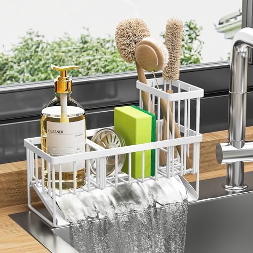 Cisily Kitchen Sink Caddy Organzier with High Brush Holder, Sponge Holder for Sink, 304 Rustproof Stainless, Kitchen Countertop Soap Dispenser Organizer, Kitchen Decor and Accessories (Black)