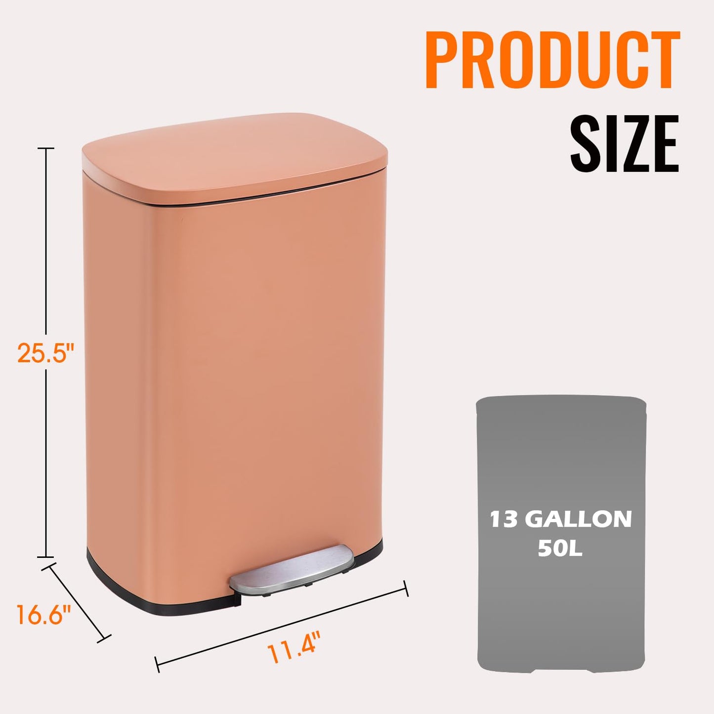 13 Gallon/50 L Garbage Can Kitchen Trash Can with Lid for Office Bedroom Bathroom Step Trash Bin Fingerprint-Proof Brushed Stainless Steel