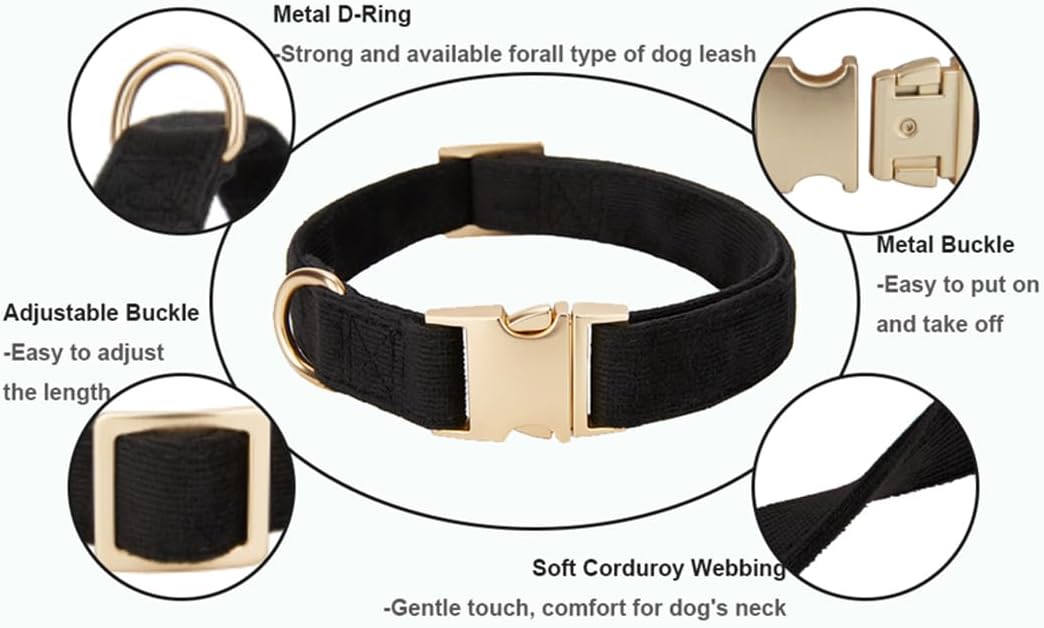 YUDOTE Soft Cotton Dog Collar with Metal Buckle Adjustable Heavy Duty Comfy Corduroy Collars for Small Medium Large Dogs,Black,Small