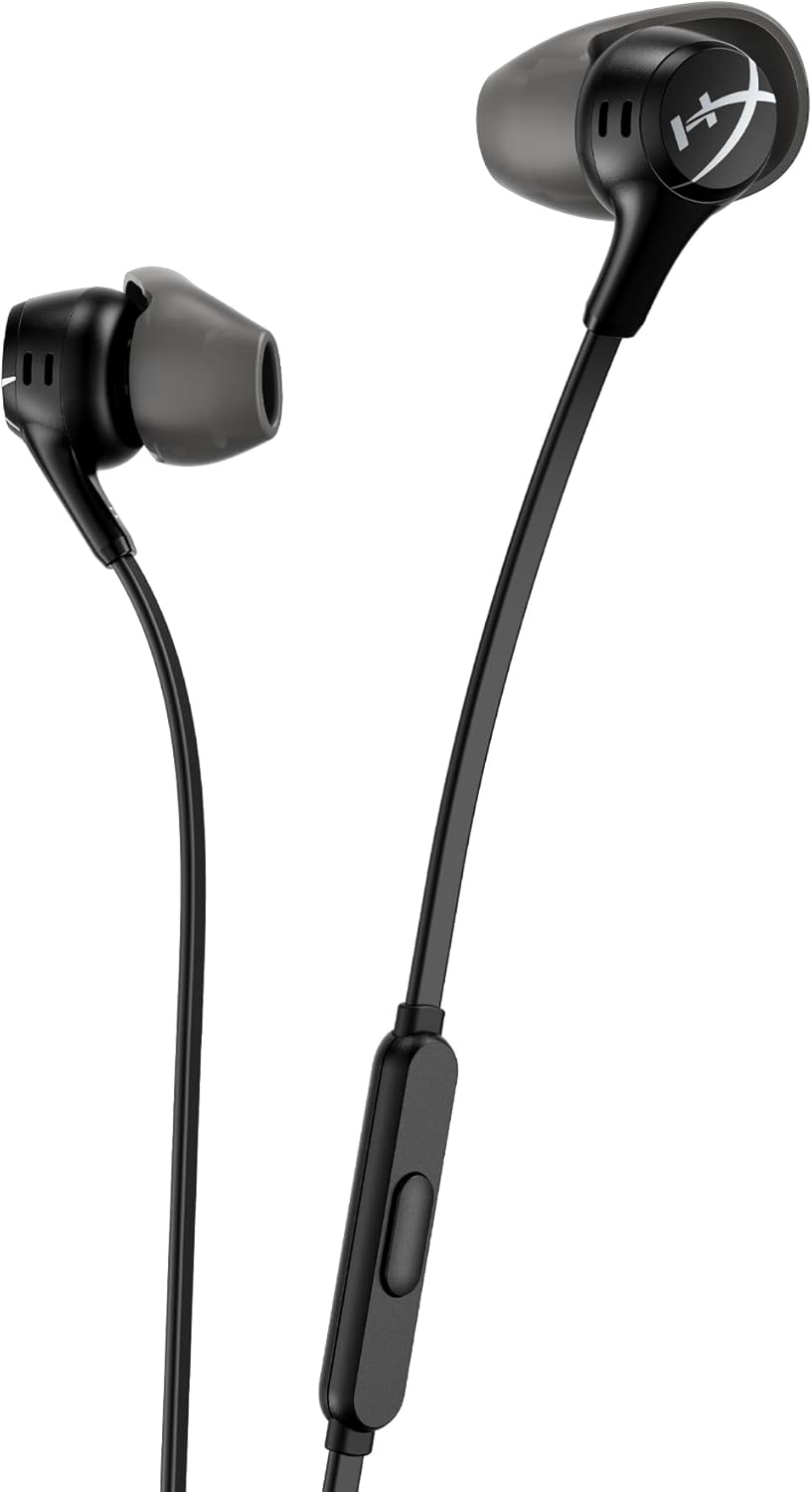 HyperX Cloud Earbuds II – 14mm Drivers, Four Eartips, Hard-Shell Carrying Case, Low-Profile 90° Plug, 3.5mm Plug, Built-in Microphone, Multi-Function Button, PC, Mobile, Nintendo Switch – Black