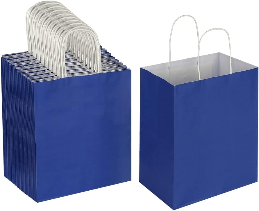Oikss 100 Pack 8x4.75x10 Inch Medium Royal Blue Kraft Paper Bags with Handles Bulk for Birthday Wedding Party Favors Grocery Retail Shopping Business Goody Craft Gift Bags Sacks, (100pcs Count)