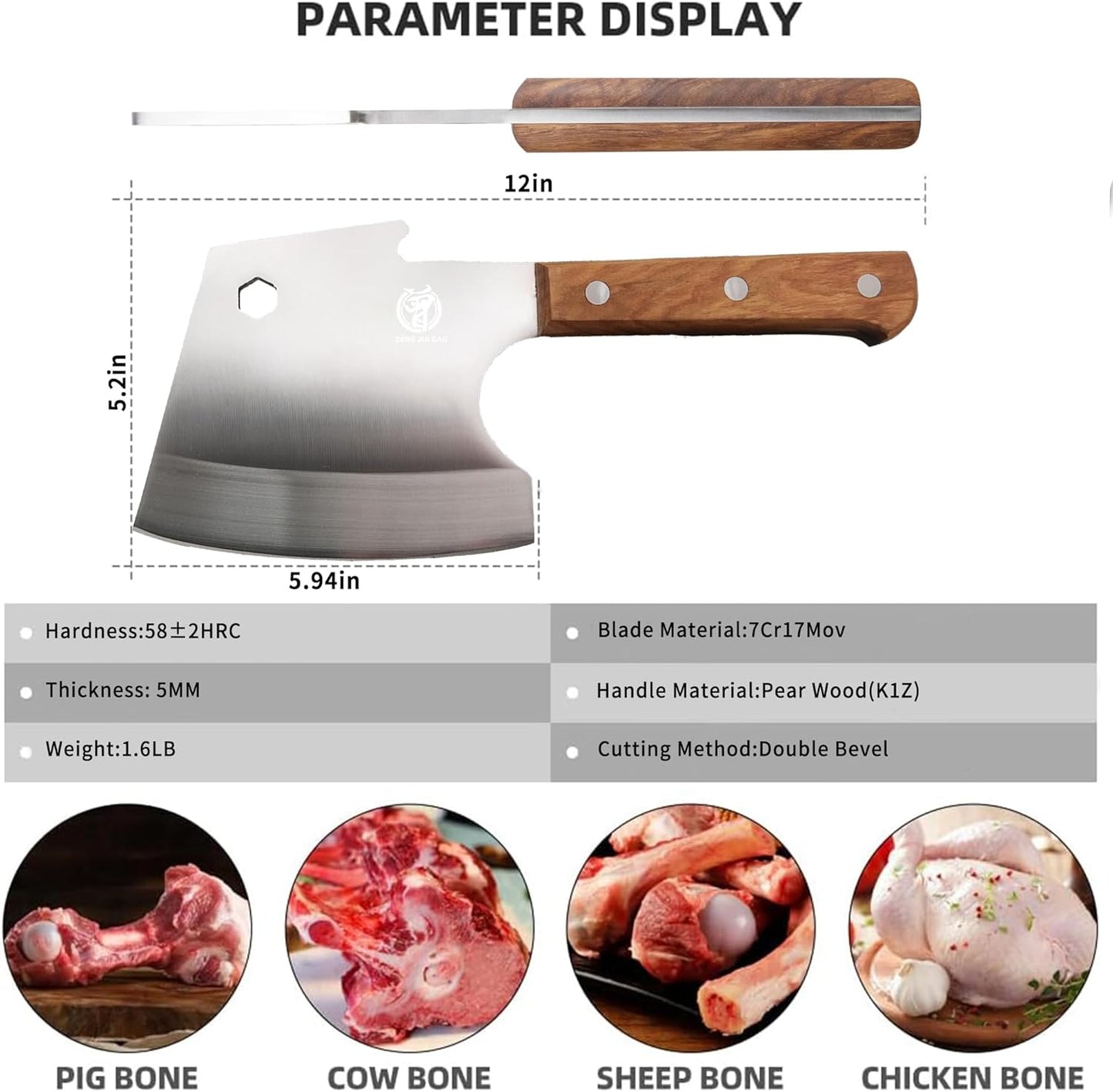 Meat Cleaver Heavy Duty Axes Shape Super Heavy and Thick Bone Breaker Professional Butcher’s Knife - Pearwood Handle for Kitchen Home K1Z - ZENG JIA DAO