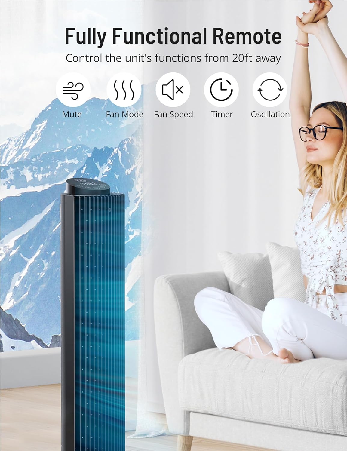 Tower Fan with Remote, 90° Oscillating Quiet Cooling Fan, 42'' or 36'' Height Adjustable, 5 Speeds, Sleep Mode, 12H Timer, Tall Standing Room Fan for Bedroom, Office and Home