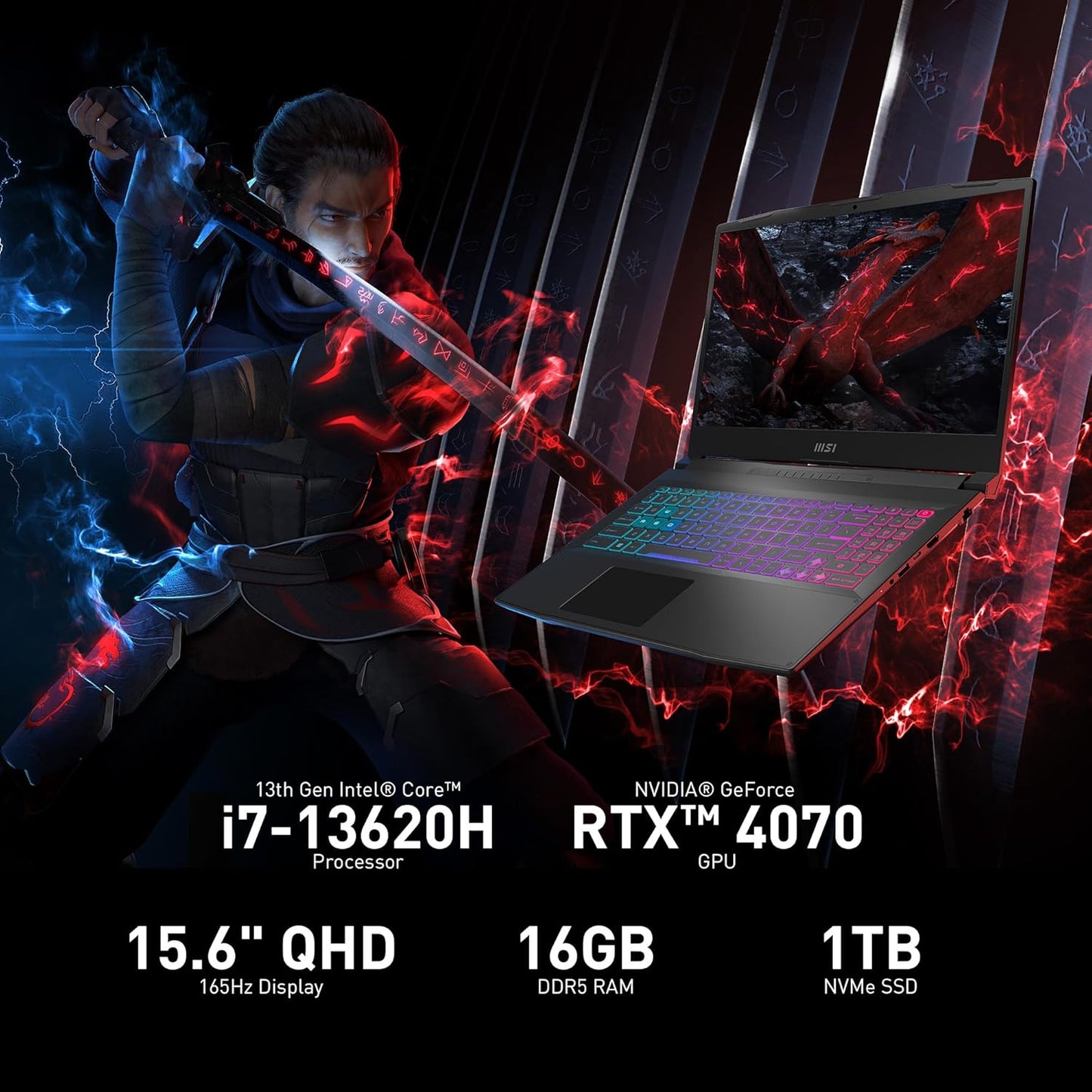 MSI Katana 15 15.6” 165Hz QHD Gaming Laptop: Intel Core i7-13620H, NVIDIA Geforce RTX 4070, 16GB DDR5, 1TB NVMe SSD, Cooler Boost 5, Win 11: Black B13VGK-2000US