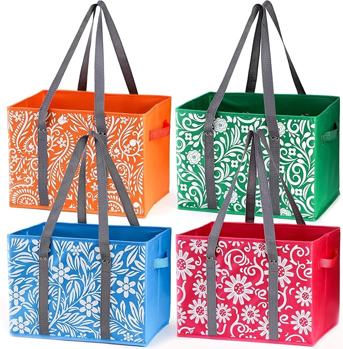Yarlung 4 Pack Reusable Grocery Bags, Collapsible Large Storage Box Bag with Reinforced Bottom and Handle, Heavy Duty Foldable Shopping Tote Bags for Groceries, Clothes, Toys Organizer