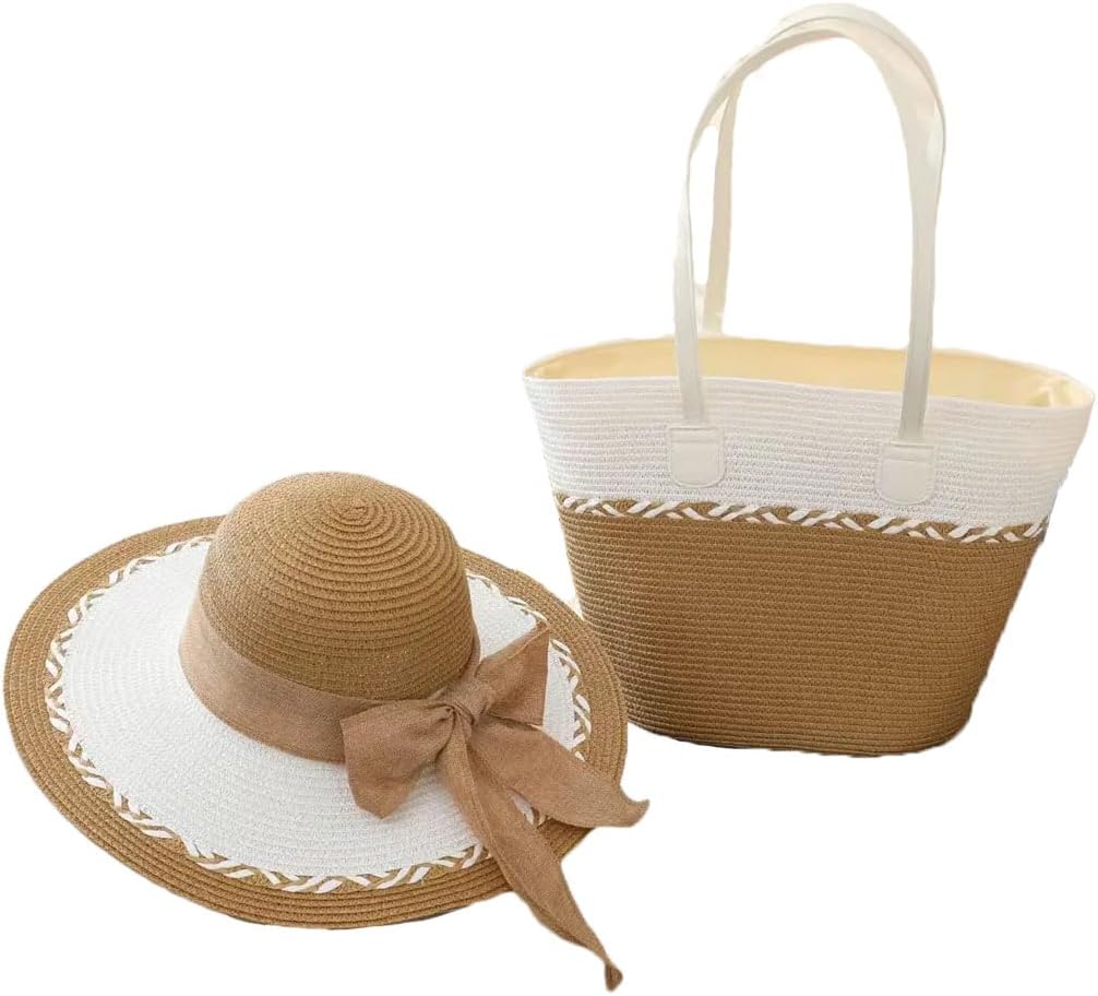 Women's Fashionable Retro Raffia Straw Hat And Tote Bag Set Wide Brim Bow Design Beach Essentials