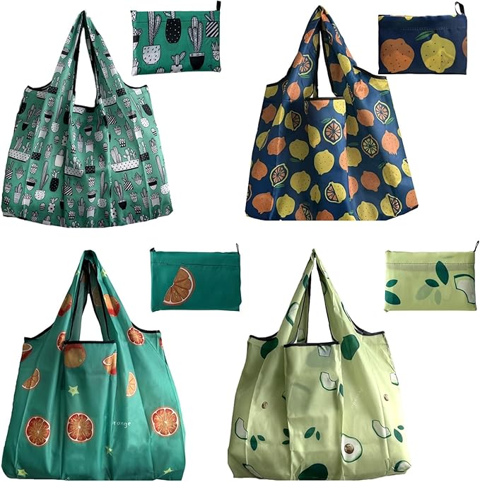 OQOQ 4 Pack Foldable Grocery Bags - Reusable Shopping Bag Tote Bag Folding into Pouch
