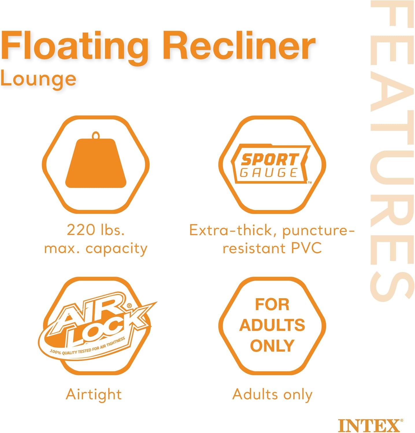Intex Inflatable Lounge Pool Recliner Lounger Chair with Cup Holders - Heavy-Duty Float Raft for Adults, 220 Lb Capacity Large Floating Tanning Chair