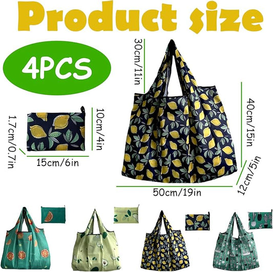 OQOQ 4 Pack Foldable Grocery Bags - Reusable Shopping Bag Tote Bag Folding into Pouch - PuriLite