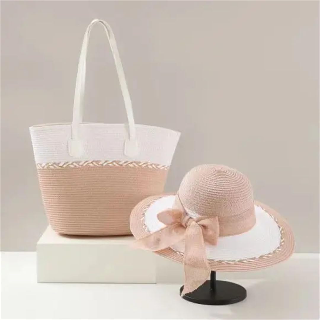 Women's Fashionable Retro Raffia Straw Hat And Tote Bag Set Wide Brim Bow Design Beach Essentials