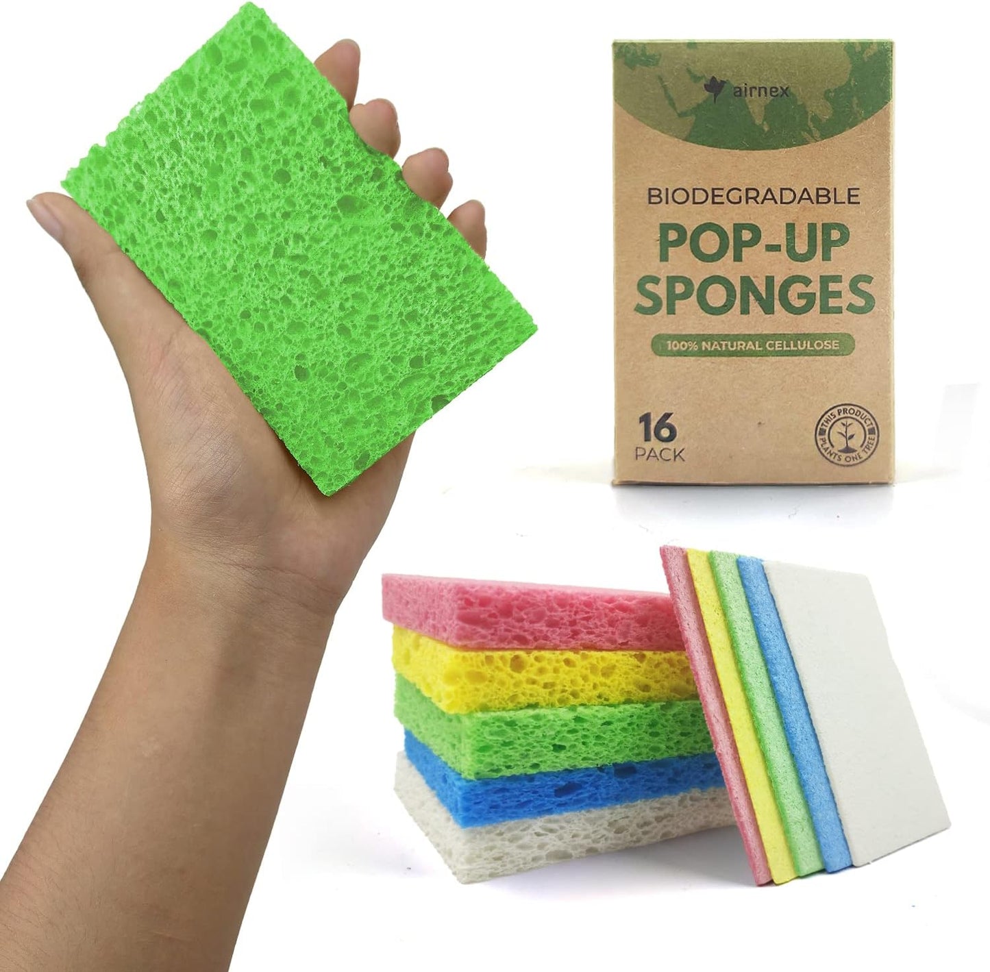 Pack of 16 Biodegradable Compressed Sponges for Dishes - Made from Cellulose - Eco Friendly, Non Scratch, Odour Free, Compostable Pop Up Sponges for Kitchen & Bathroom - Green America & PETA Certified