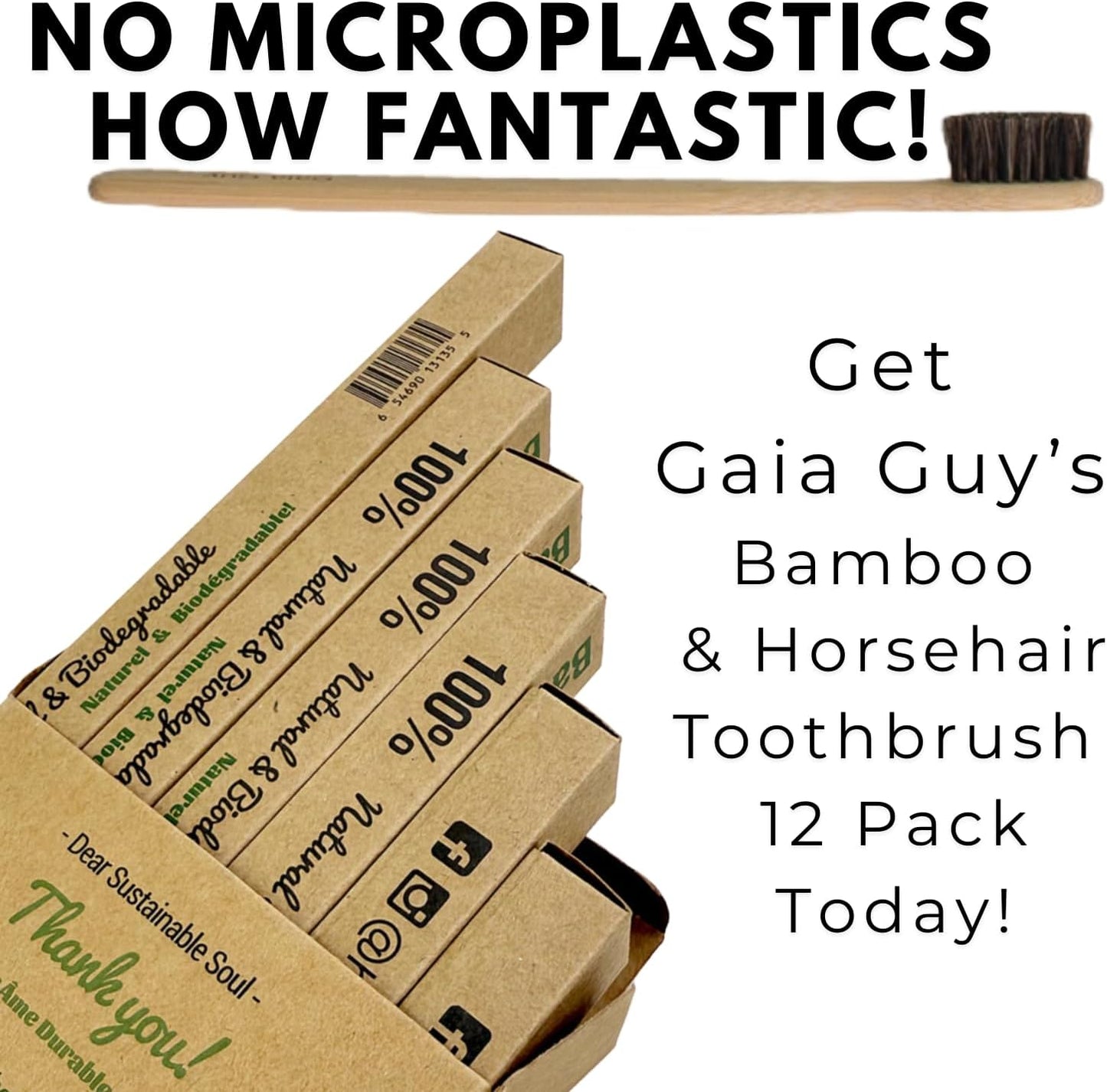 Gaia Guy Soft Natural Bristle Bamboo Toothbrush (NO Nylon - Horse Hair ONLY) - Totally Compostable & Biodegradable Soft Horsehair Bristle and Bamboo Toothbrushes - Zero Waste & Plastic-Free