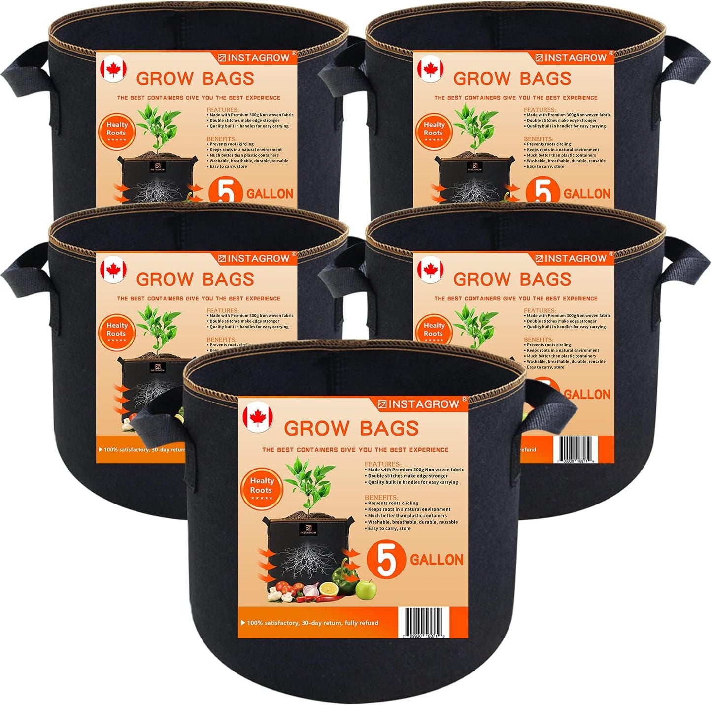 INSTAGROW 5-Pack 5 Gallon Heavy Duty Breathable Thickened Nonwoven Fabric Pots Grow Bags with More Durable Nylon Handles (5 Gallon)