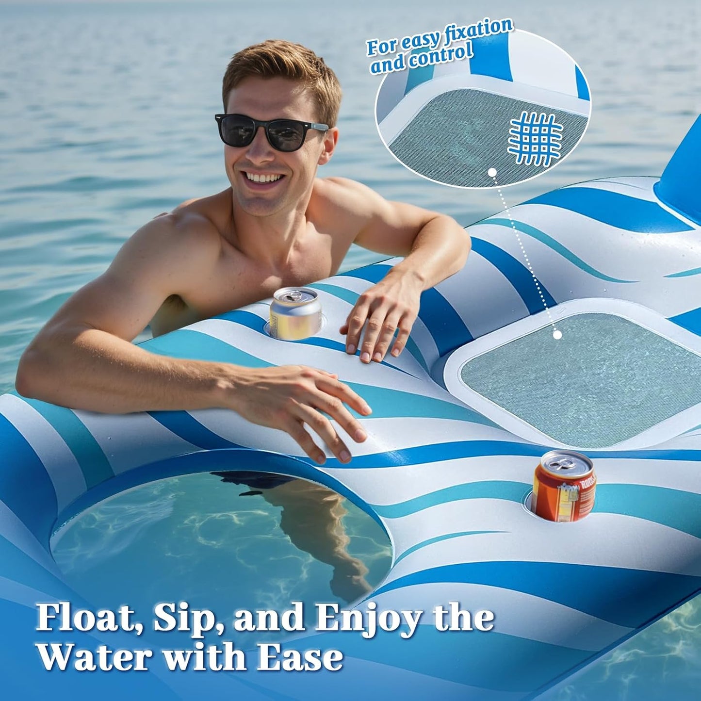 Pool Floats Adult - Inflatable Tanning Pool, Extra Large Pool Floats for Adults Heavy Duty Water Floaty with Backrest, Footrest & Cup Holder for River Lake Floaties Water Floats