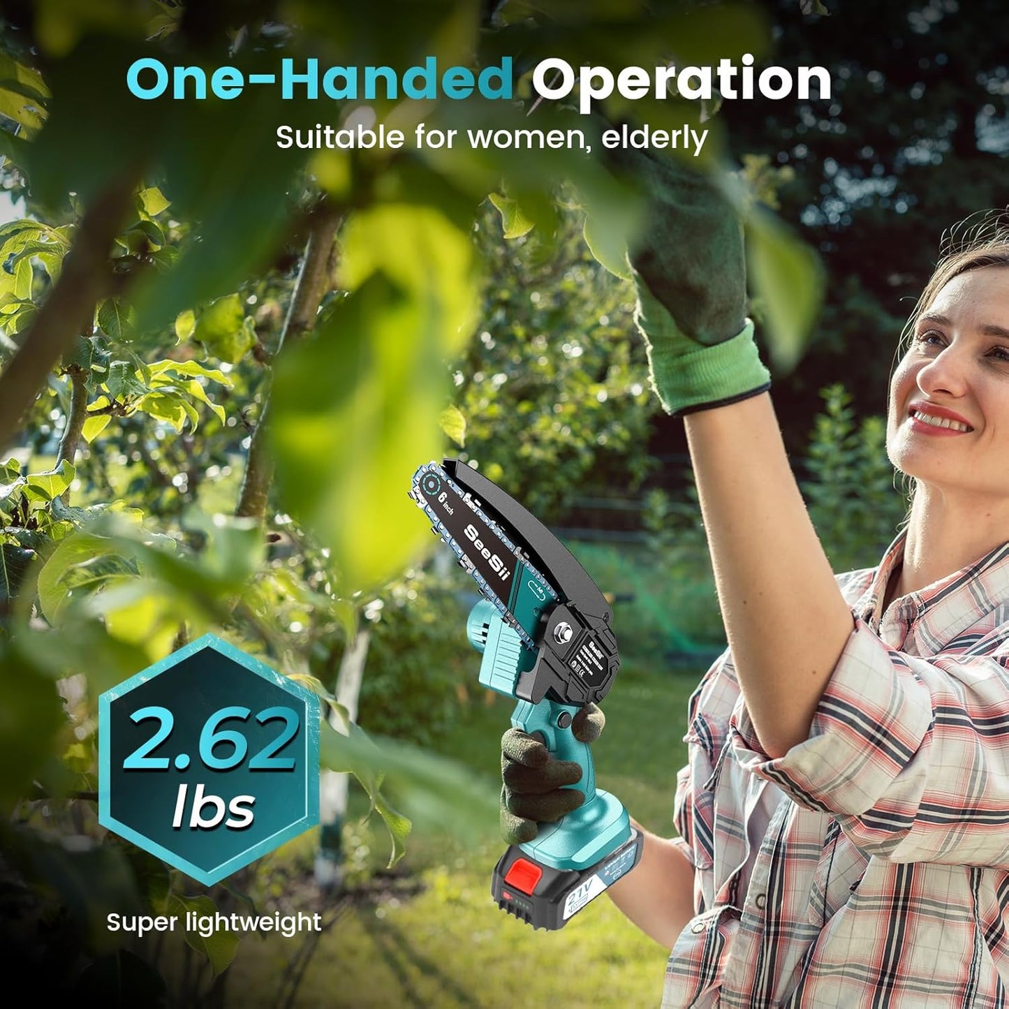SEESII 6-Inch Mini Chainsaw Cordless – 800W Electric Chainsaw with 4.0Ah Battery – Lightweight Handheld Saw for Branch Cutting, Pruning & Gardening