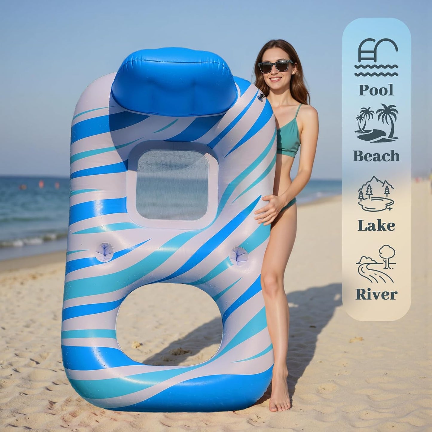 Pool Floats Adult - Inflatable Tanning Pool, Extra Large Pool Floats for Adults Heavy Duty Water Floaty with Backrest, Footrest & Cup Holder for River Lake Floaties Water Floats