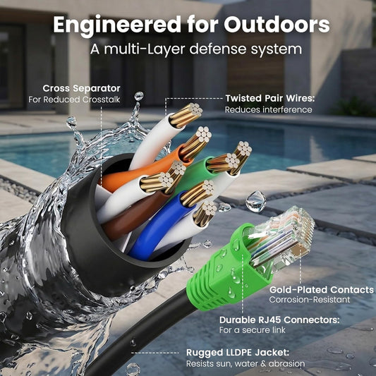 GEARit Cat6 Ethernet Cable 100ft, Outdoor Direct Burial Cat 6 Cable 24AWG High Speed Up to 10Gbps, LLDPE (PE) UV-Resistant Waterproof Jacket, CCA RJ45 Network Internet Cable for Router- Black,100FT