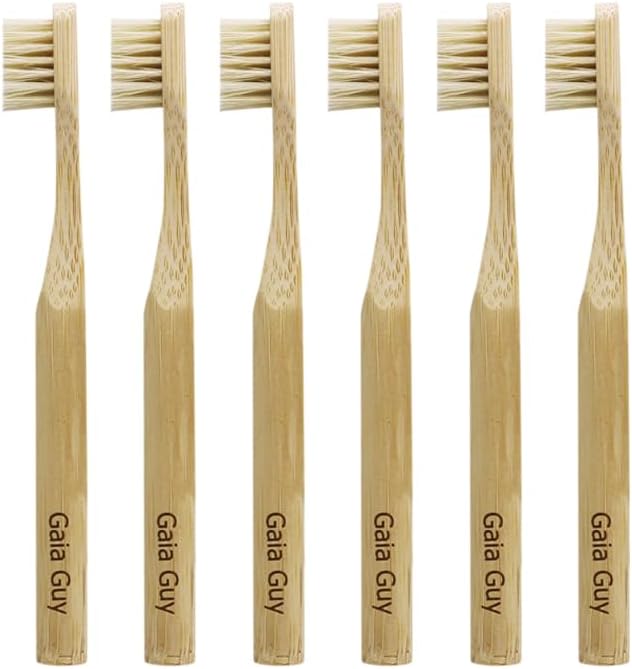Gaia Guy Natural Bristle Bamboo Toothbrush for Kids (NO Nylon - Boar Hair ONLY) - Totally Compostable & Biodegradable Boar Bristle and Bamboo Toothbrushes - Zero Waste - 6-Pack