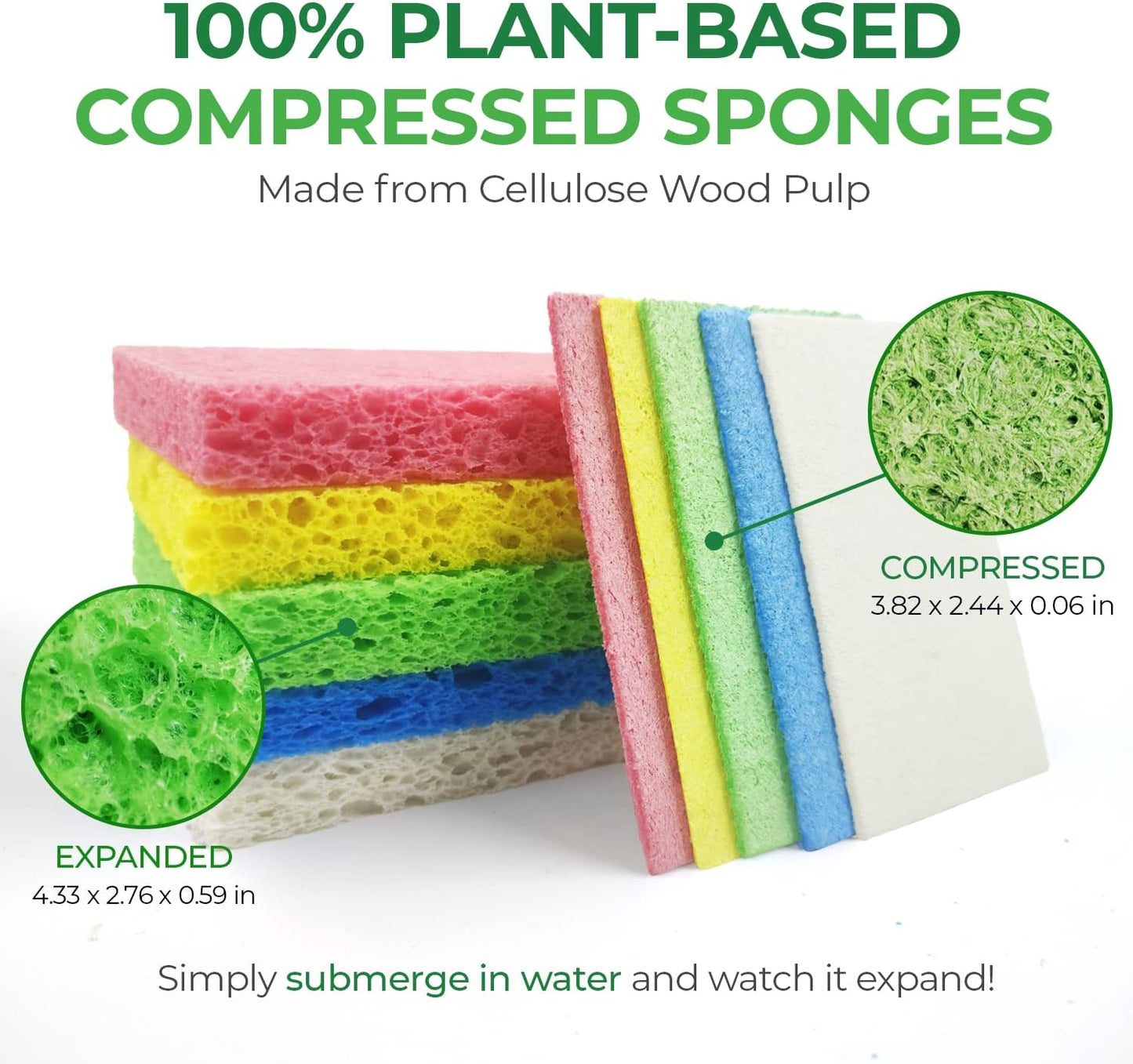 Pack of 16 Biodegradable Compressed Sponges for Dishes - Made from Cellulose - Eco Friendly, Non Scratch, Odour Free, Compostable Pop Up Sponges for Kitchen & Bathroom - Green America & PETA Certified