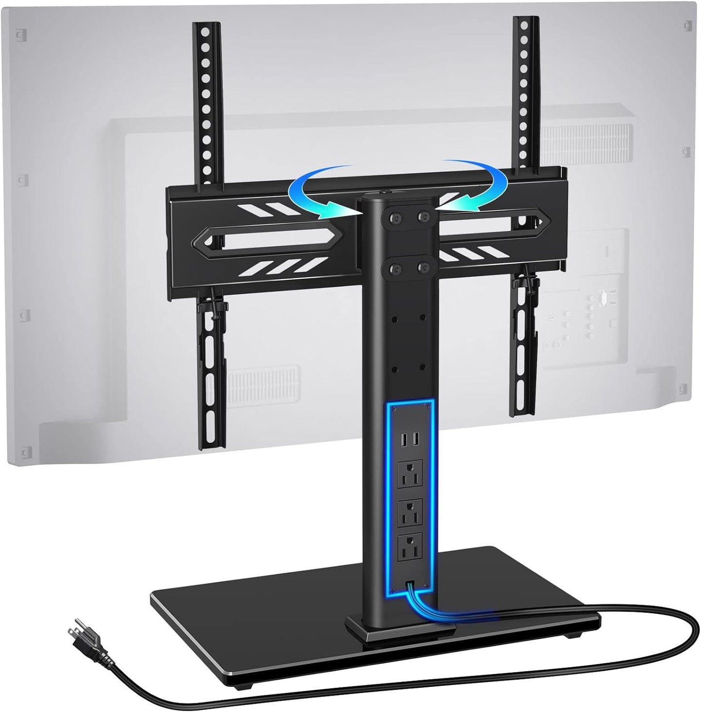 Greenstell TV Stand with Power Outlet, Universal TV Mount Stand for 27-60 inch TVs,Height Adjustable, Swivel Table Top TV Stand with Tempered Glass Base, Holds up to 88 LBs, Max VESA 400x400mm,Black