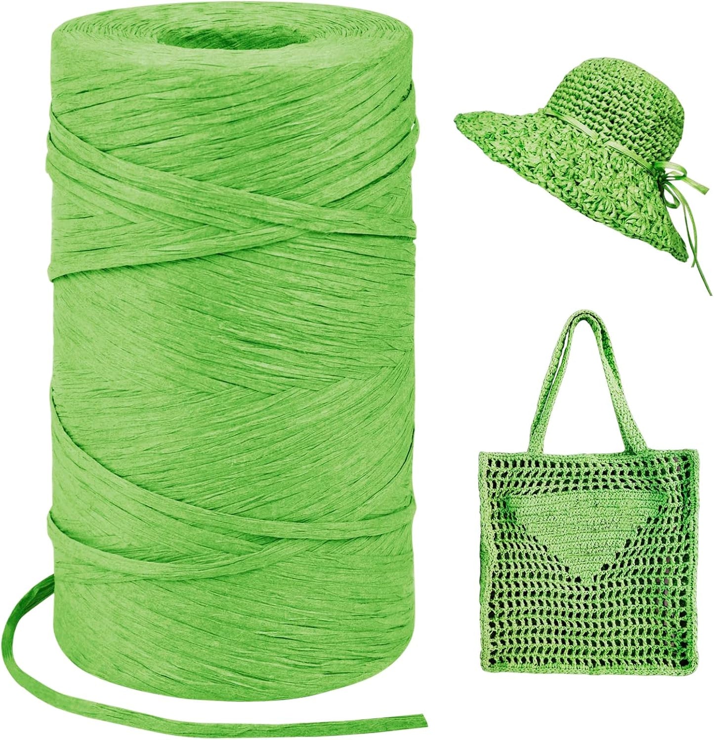 LEREATI Grass Green Raffia Yarn for Crochet Bags, 3mm x 328 Yards Flat String Raffia Ribbon for Gift Wrapping, Raffia Paper Ribbon Yarn for Crocheting Sun Hat, Bag, DIY Crafts, Holiday Decoration