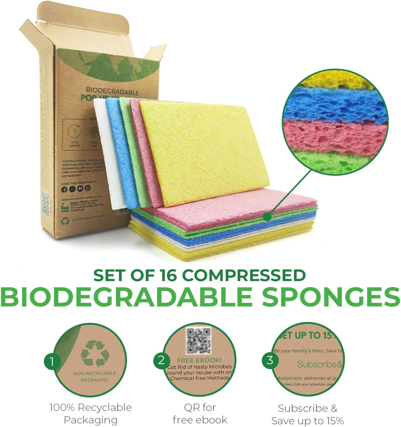 Pack of 16 Biodegradable Compressed Sponges for Dishes - Made from Cellulose - Eco Friendly, Non Scratch, Odour Free, Compostable Pop Up Sponges for Kitchen & Bathroom - Green America & PETA Certified