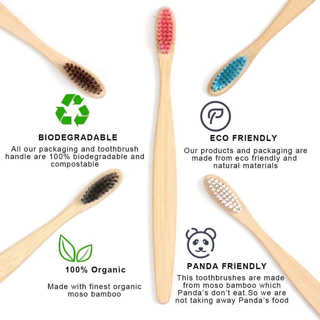 SWKJ Bamboo Toothbrushes with Soft Bristles,10 Pcs Organic Natural Adult Kids Bamboo Soft Toothbrush, Eco-Friendly and Plastic Free Packaging for Family, Travel(Multicolor)