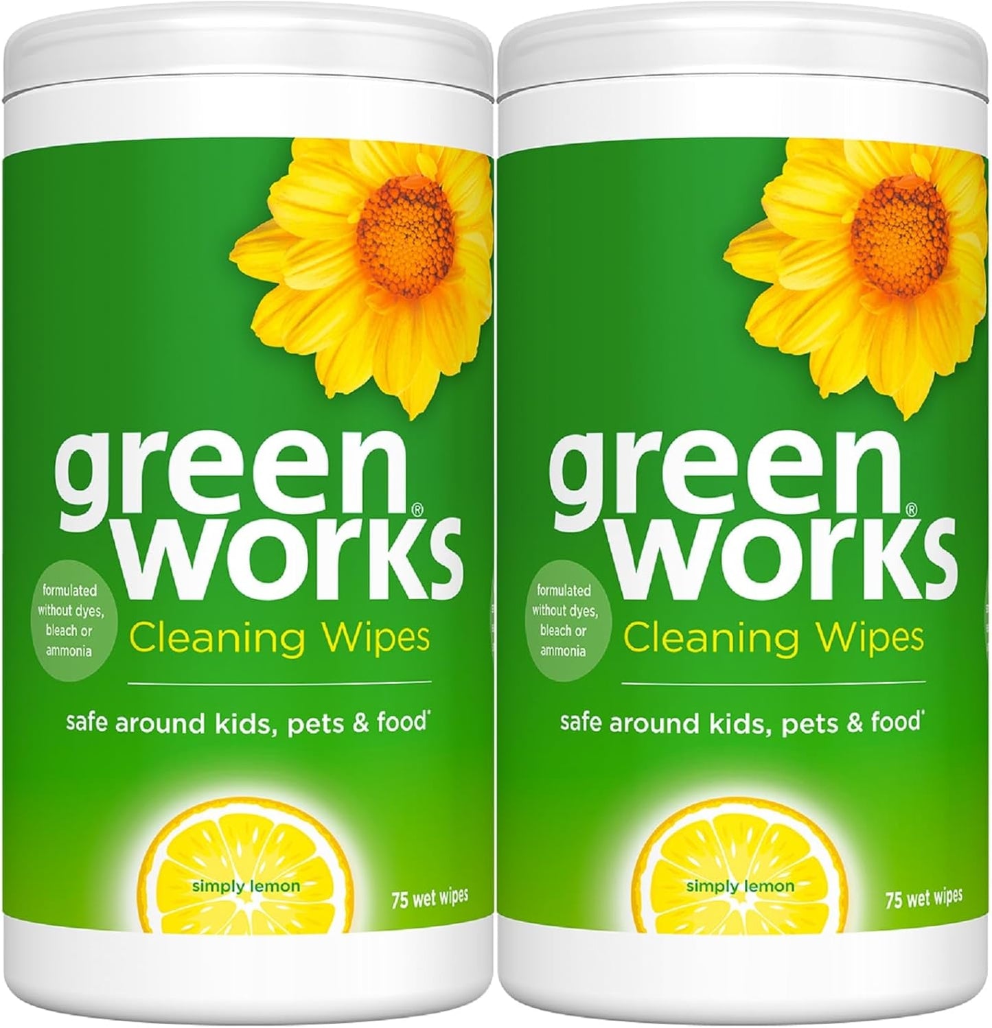 Clorox Green Works Cleaning Wipes, Simply Lemon, 75 Count, Multi-Pack of 2 Canisters, Safe for use around kids, pets, and food*