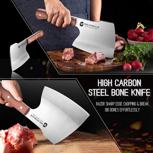 Dream Reach Meat Cleaver Knife Heavy Duty Bone Chopper High Carbon Steel Butcher Axe Bone Cutting Knife Hand Forged Butcher Knife for Kitchen Outdoor BBQ