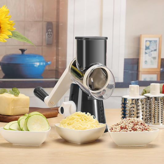 Cambom Rotary Cheese Grater Hand Crank Cheese Shredder for Fresh Cheese, Vegetable, Nuts,Non-Slip Suction Base, Free Cleaning Brush Three Blades, Black