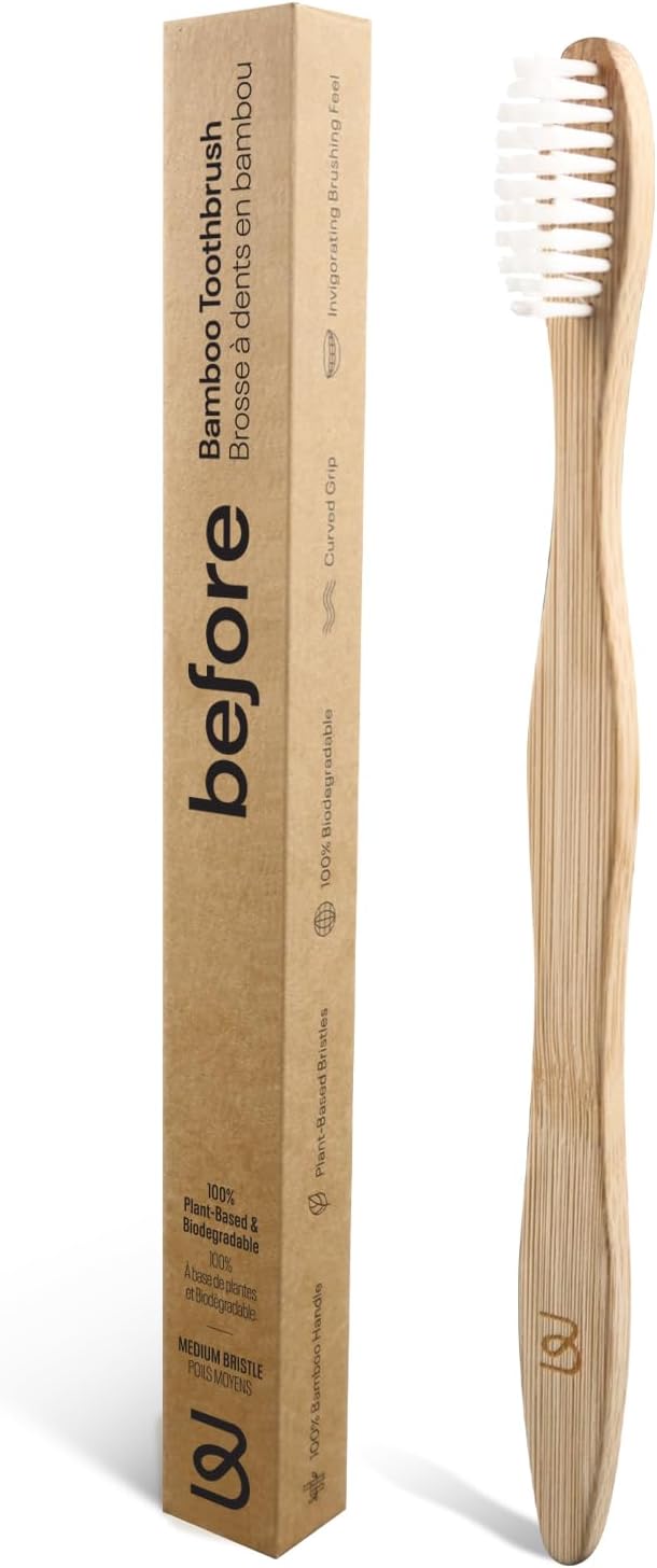 Before | Bamboo Toothbrush | 100% Biodegradable, All Natural Bamboo Handle & Plant Based Soft Bristles, Recyclable & Compostable Cardboard Packaging, Brush Helps Improve Oral Health