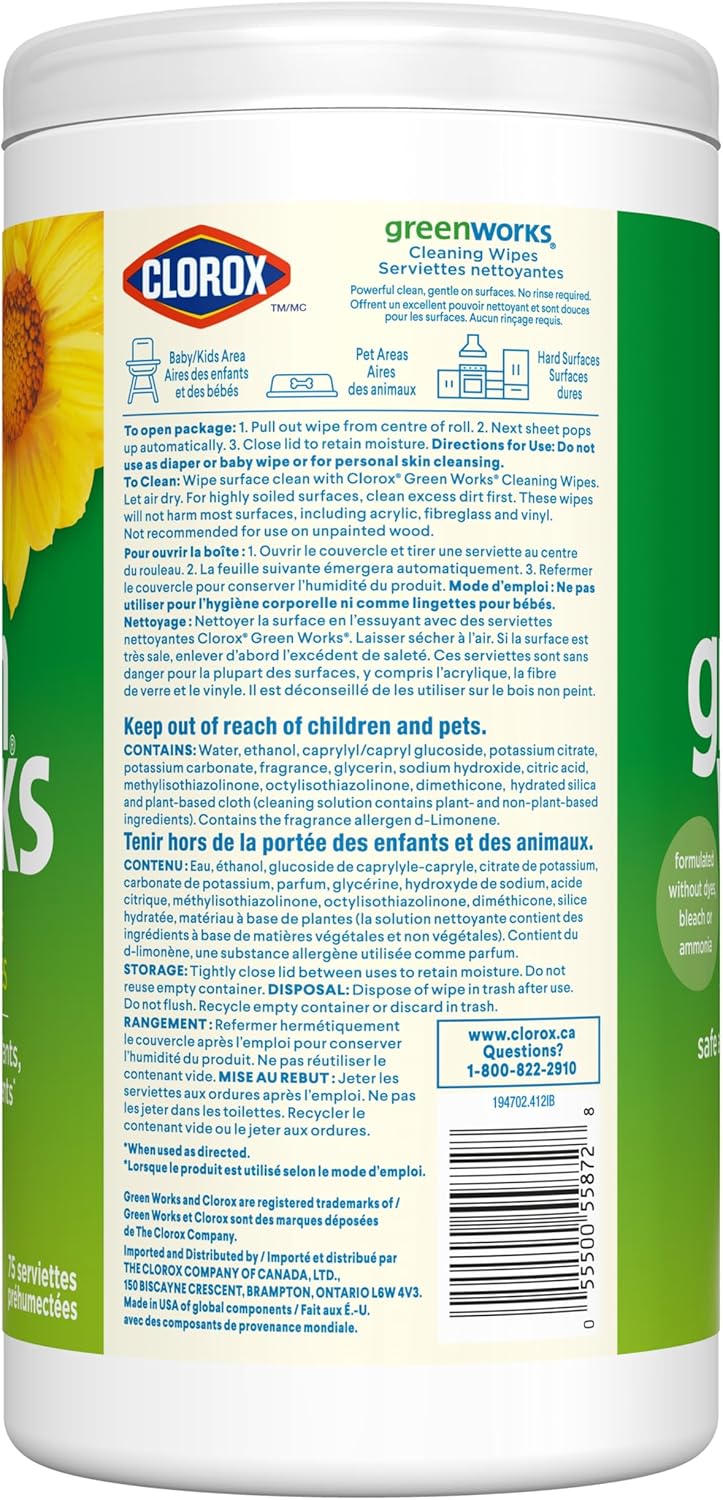 Clorox Green Works Cleaning Wipes, Simply Lemon, 75 Count, Multi-Pack of 2 Canisters, Safe for use around kids, pets, and food*