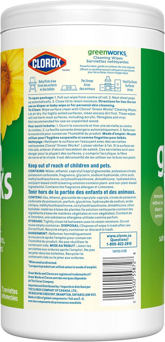 Clorox Green Works Cleaning Wipes, Simply Lemon, 75 Count, Multi-Pack of 2 Canisters, Safe for use around kids, pets, and food* - PuriLite