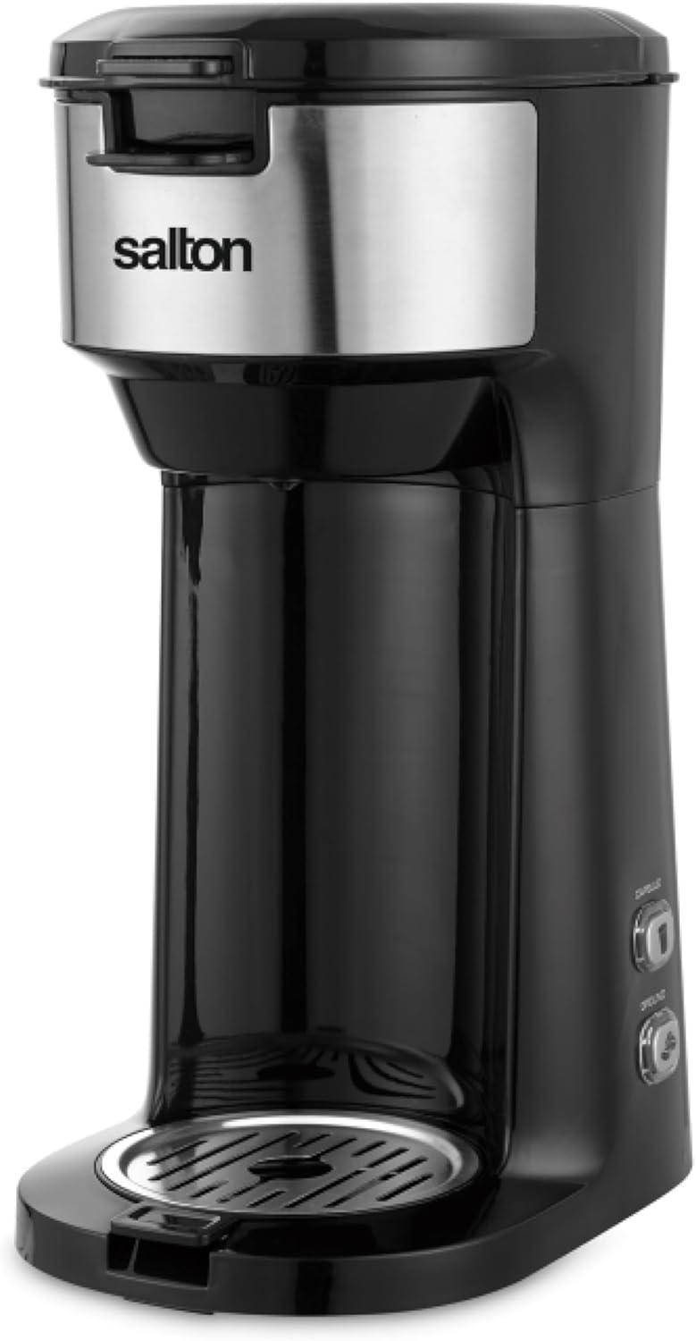 Salton 2-in-1 Coffee Maker - Single-Serve Ground Coffee Capsules with Reusable Mesh Filter Included, Brews 6 to 14 Ozs & Fits Standard-Size Travel Mug