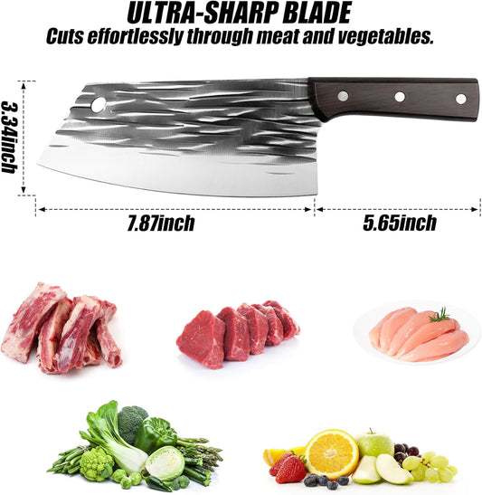 ATISEN Hand-Forged 11.4" Chef Knife - 7.4" High Carbon Steel Butcher Cleaver with Ergonomic Anti-Slip Wood Handle - Durable & Razor-Sharp Meat Cutting Knife - Perfect Kitchen Gift