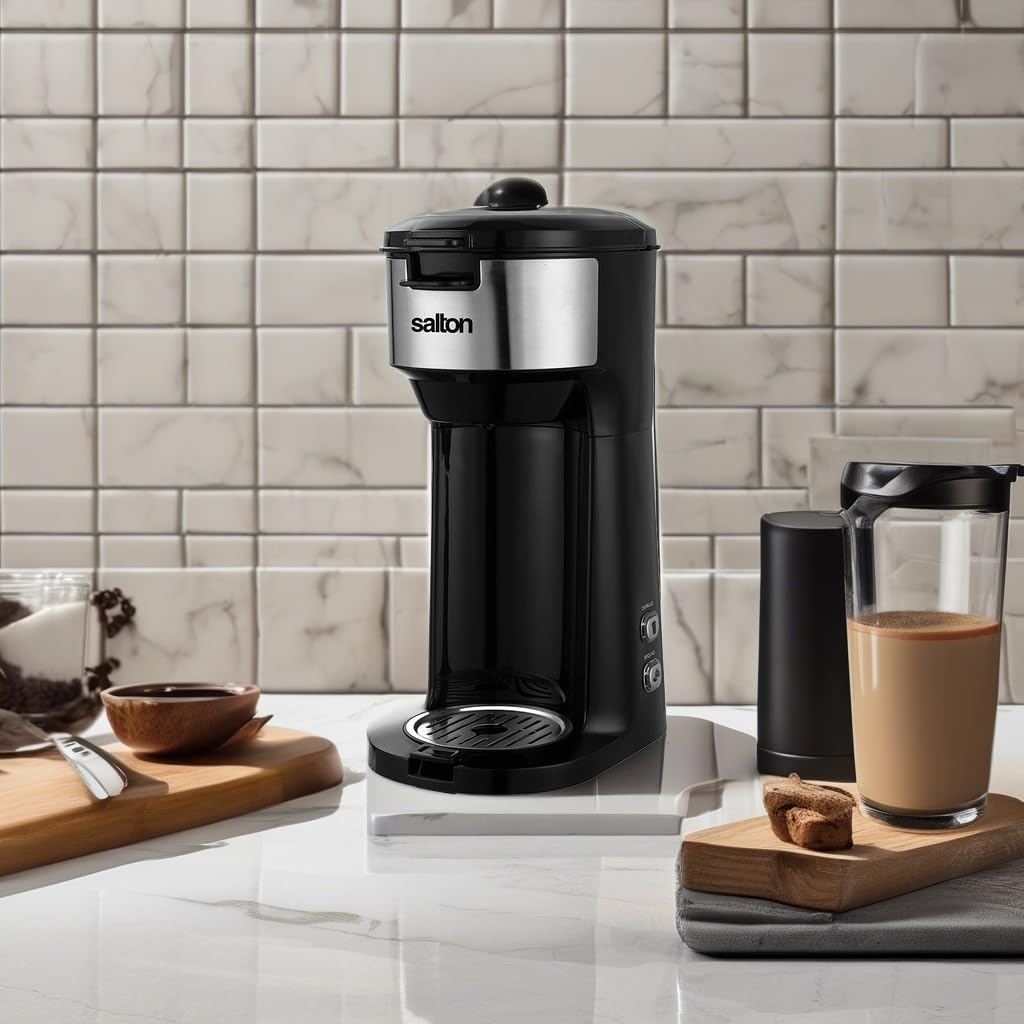 Salton 2-in-1 Coffee Maker - Single-Serve Ground Coffee Capsules with Reusable Mesh Filter Included, Brews 6 to 14 Ozs & Fits Standard-Size Travel Mug
