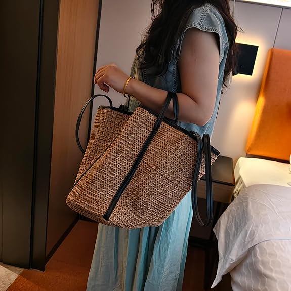 NIBD Large Woven Shoulder Bags for Women Summer Vacation Beach Bag Travel Straw Totes Bag Raffia Handbag