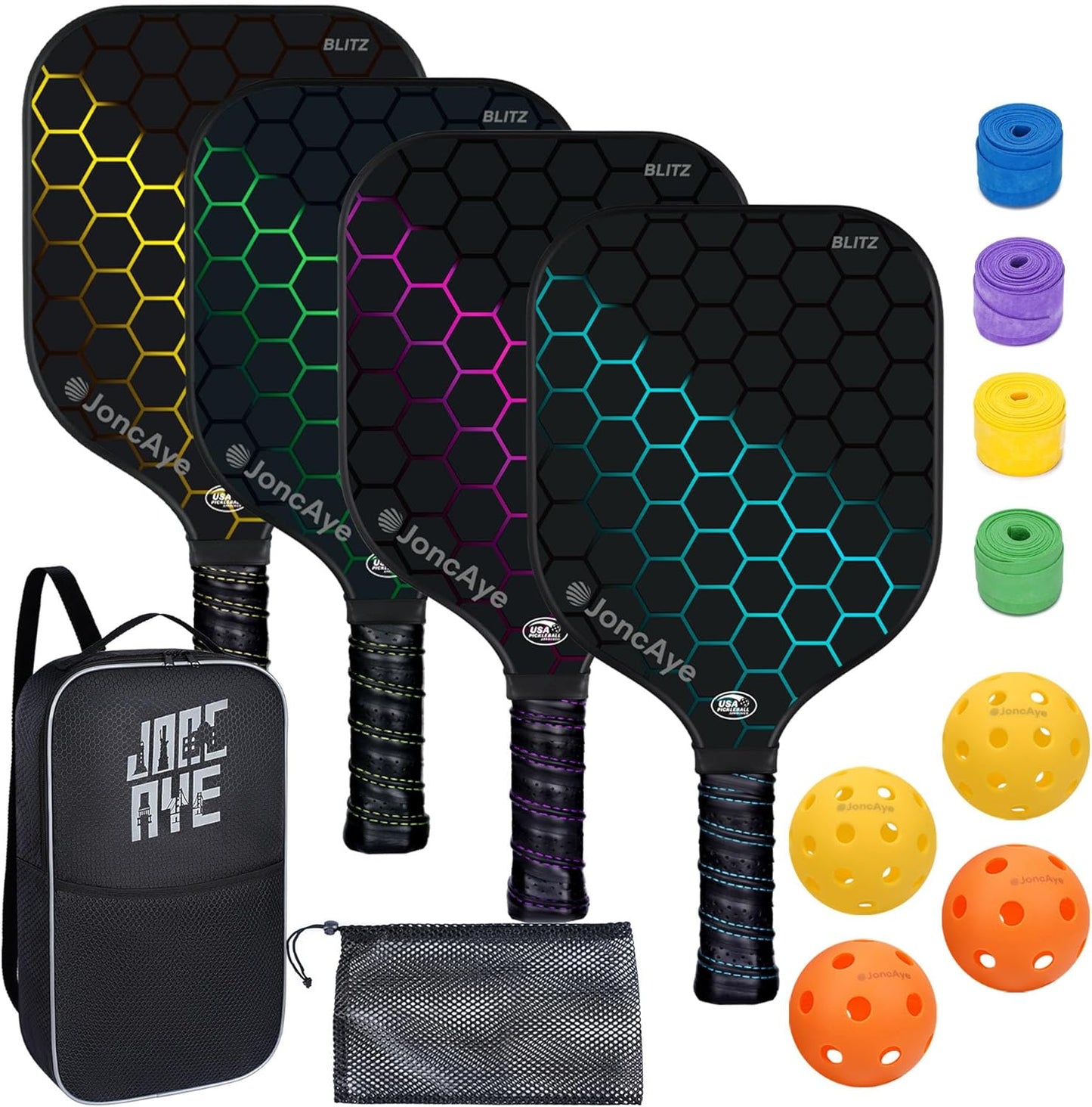 JoncAye Pickleball-Paddles-Set of 4 or 2 Rackets and Balls with Bag, Lead Tapes | Fiberglass Pickle-Ball Racquets and Accessories for Men, Women, Kids, Adults | USAPA Approved Raquette de Pickleball
