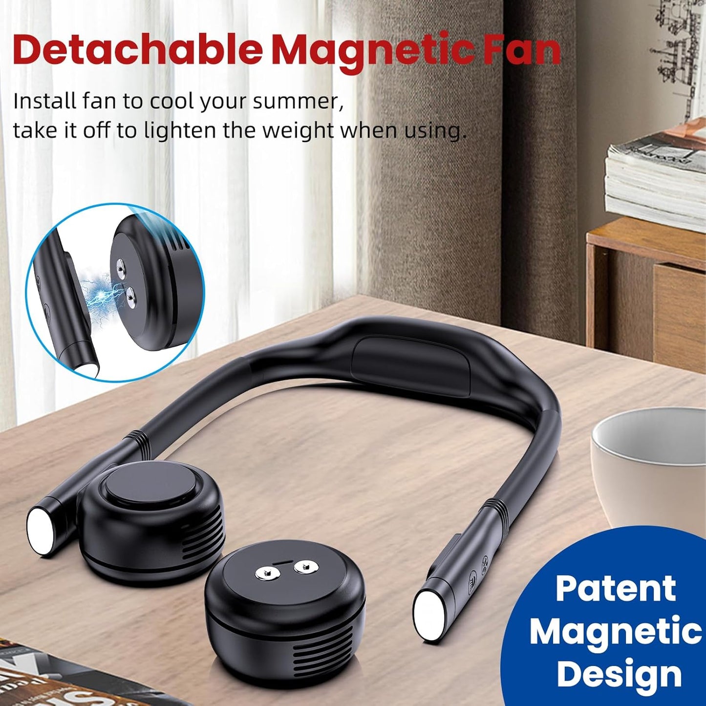 Neck Fan - Portable Rechargeable Bladeless Fan with 5000mAh Battery, Removable Personal Fan, 3-in-1 Design with Reading Light, Ideal for Travel, Camping, and Bedtime Reading (Black)