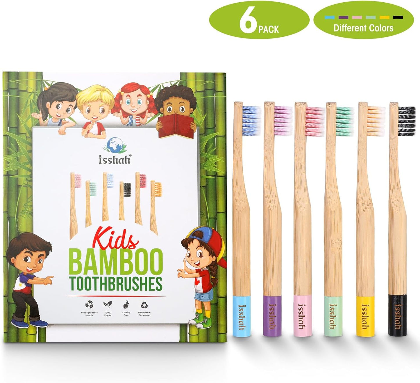 Isshah Kids Bamboo Toothbrushes Biodegradable Handle BPA Free Eco Friendly Children Size, Pack of 6 (Spiral Soft Nylon Bristles)