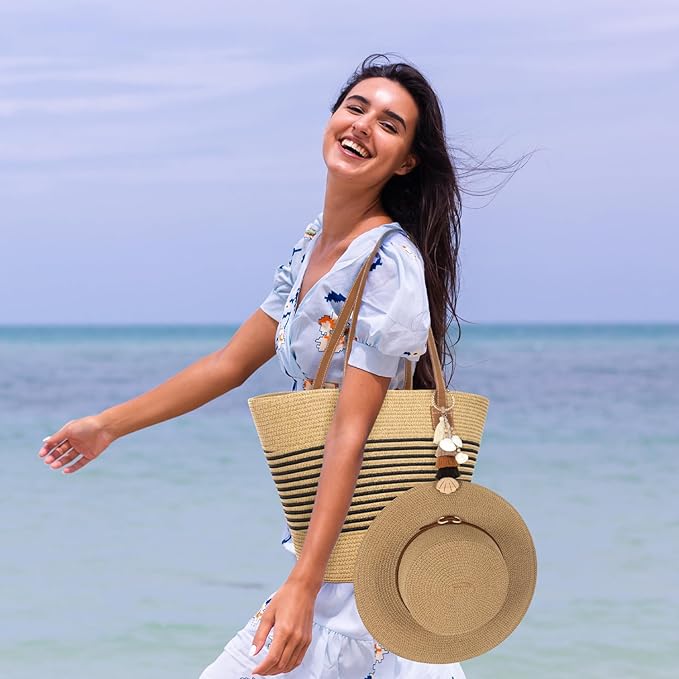RUNROLE Straw Beach Tote Bag with Tassel Hat Clip for Travel, Large Lightweight Raffia Summer Hobo Shoulder Bag for Women