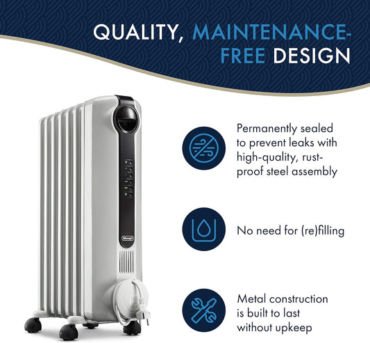 De'Longhi Oil-Filled Radiator Space Heater, Full Room Quiet 1500W, Adjustable Thermostat, 3 Heat Settings, Digital Timer, ECO Energy Saving Mode, Safety Features, Light Gray, Radia S TRRS0715ECA - PuriLite