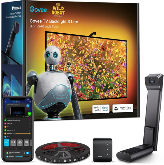 Govee TV Backlight 3 Lite with Fish-Eye Correction Function Sync to 55-65 Inch TVs, 11.8ft RGBICW Wi-Fi TV LED Backlight Strip with Camera, Voice and APP Control, Adapter