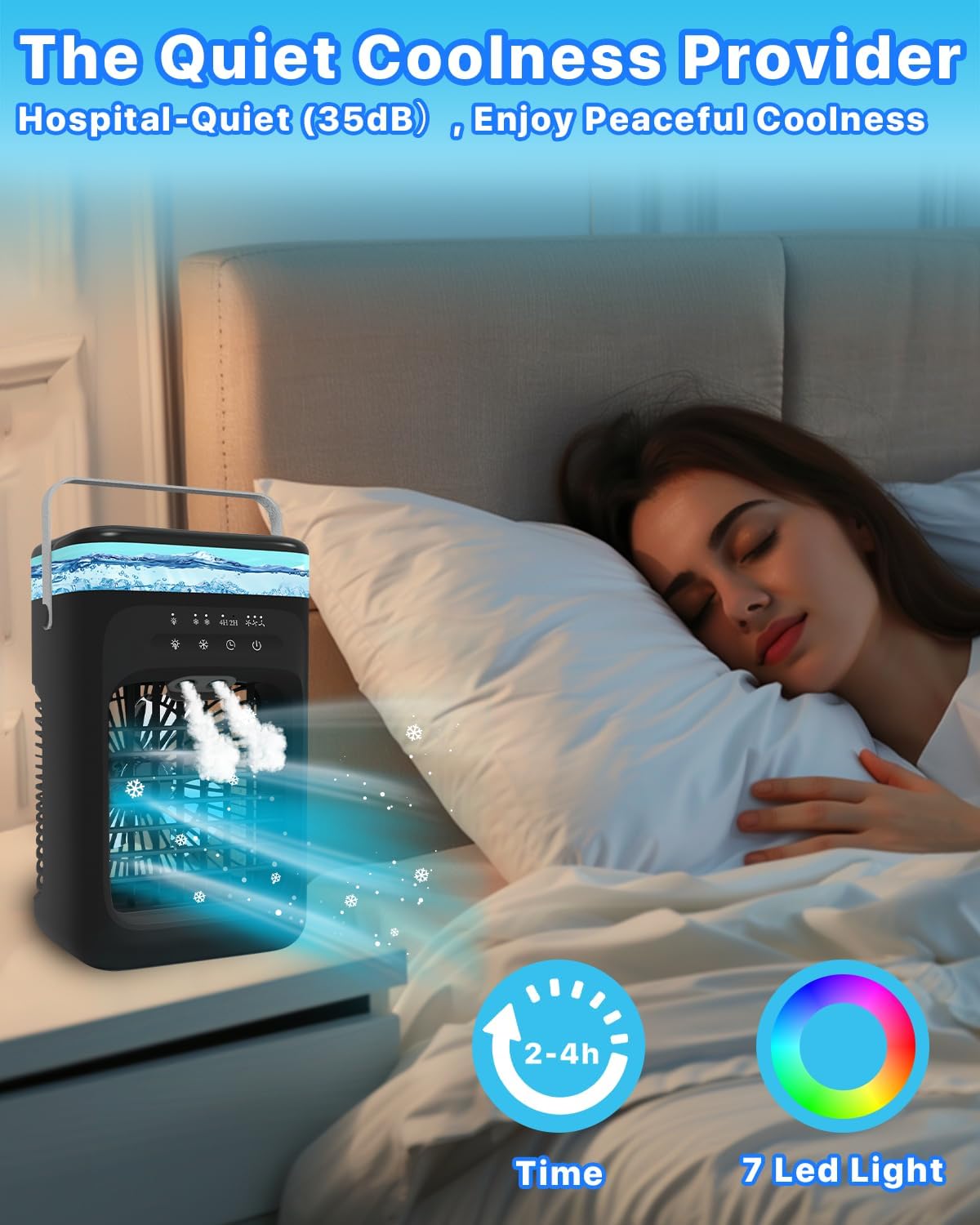 Mecmic Portable Air Conditioner Cooling Fan - 3 Speeds, 2 Mist Modes, 1000mL Water Tank, 7-Color Night Light, 2-4H Timer, Mini Cooling Fan for Bedroom, Office, Camping