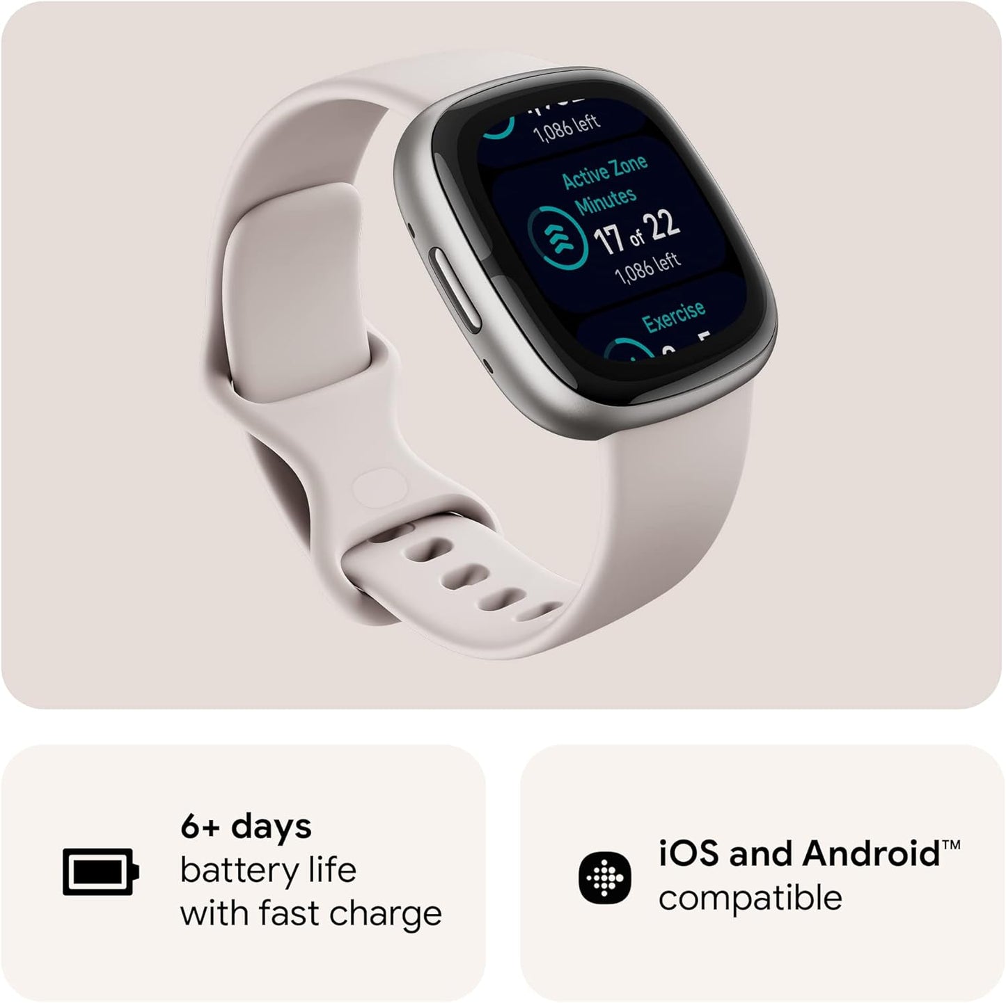 Google Fitbit Sense 2 Advanced Health and Fitness Smartwatch with Tools To Manage Stress and Sleep, Ecg App, Spo2, 24/7 Heart Rate and Gps, Lunar White/platinum, One Size (S and L Bands Included)