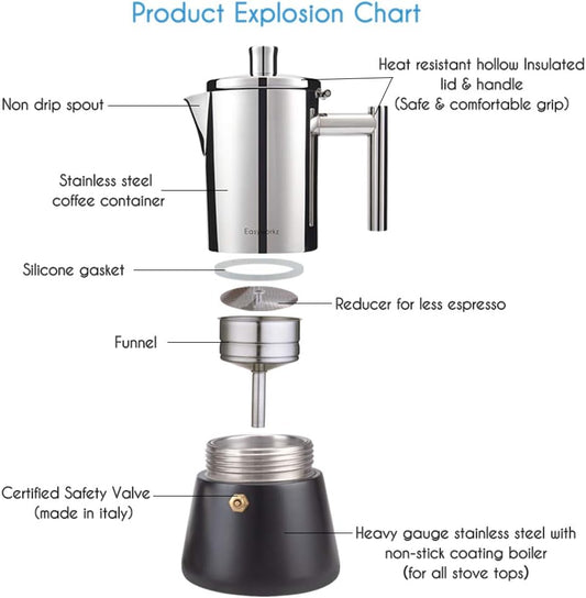 Easyworkz Diego Stovetop Espresso Maker 12Cup 520ml Stainless Steel Italian Coffee Machine Maker Induction Moka Pot - PuriLite