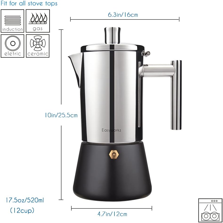 Easyworkz Diego Stovetop Espresso Maker 12Cup 520ml Stainless Steel Italian Coffee Machine Maker Induction Moka Pot