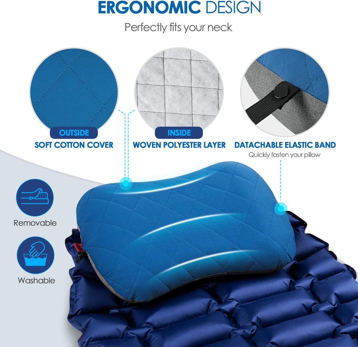 Hikenture Camping Pillow with Removable Cover - Ultralight Inflatable Pillow for Neck Lumber Support - Upgrade Backpacking Pillow - Washable Travel Air Pillows for Camping, Hiking, Backpacking (Blue)