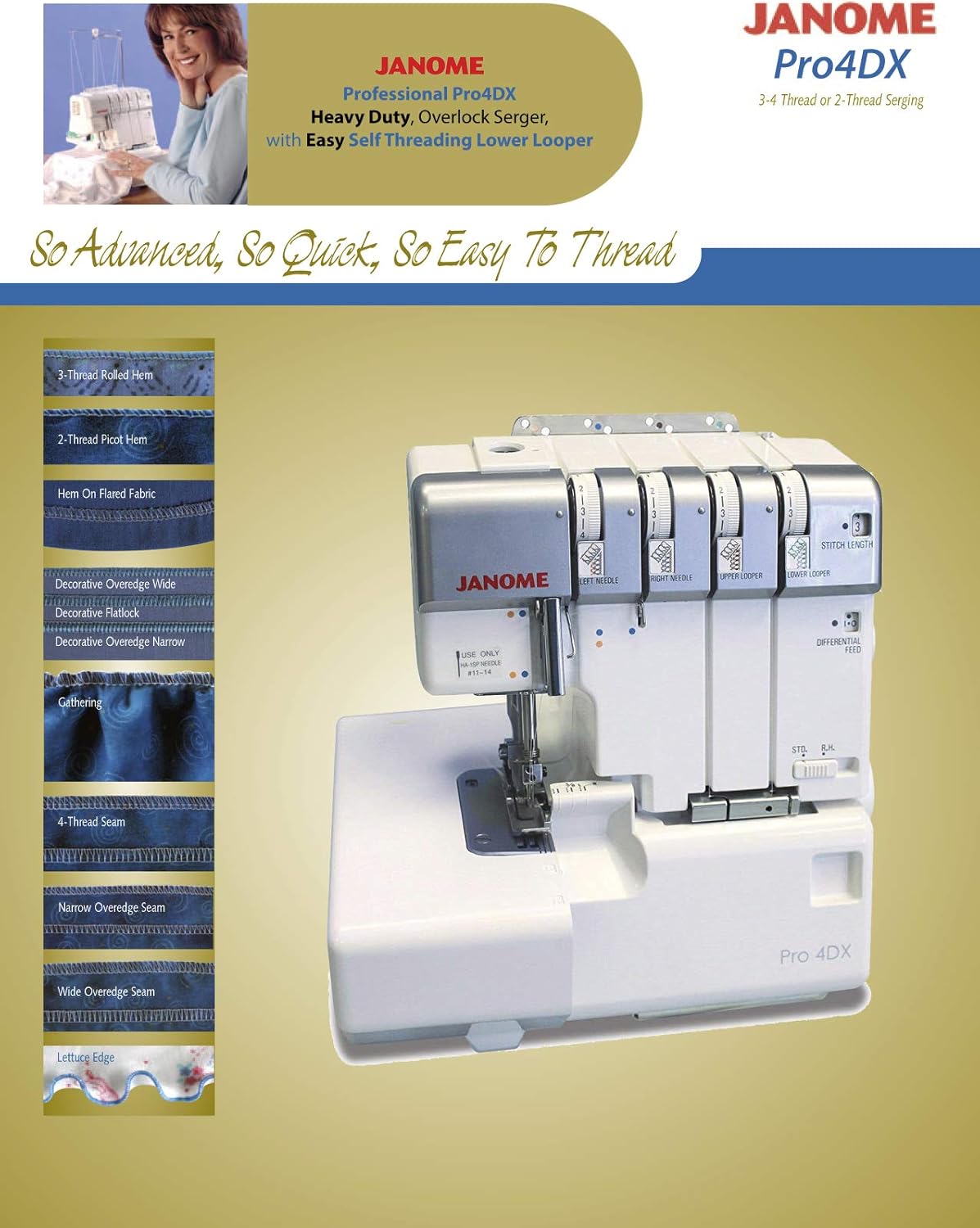 Janome Pro4DX Heavy-Duty Overlock Serger, with Easy Threading Lower Looper, Differential Feed, 2 needle, 2/3/4 Thread Overlock Stitching. Metal Thread Mast