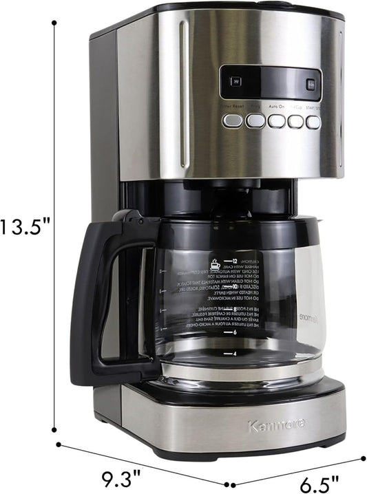 Kenmore Coffee Maker 12 cup Drip Coffee Machine Reusable Filter Programmable Timer Digital Display Aroma Control Glass Carafe Charcoal Water Filter Regular Bold Stainless Steel and Black - PuriLite